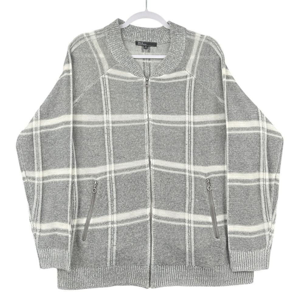 89th & Madison Gray Plaid Pattern Zipper Pockets Long Sleeve Full Zip Sweater 1X